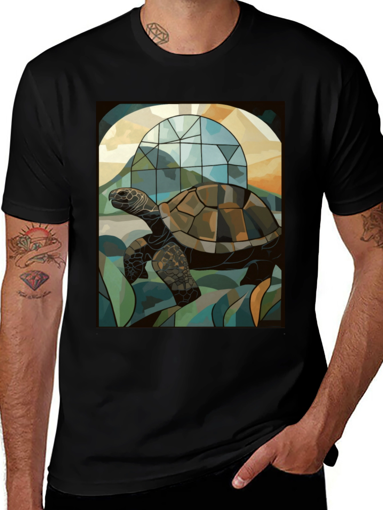 Turtle Stained Glass Graphic Tee - Unique Art Design