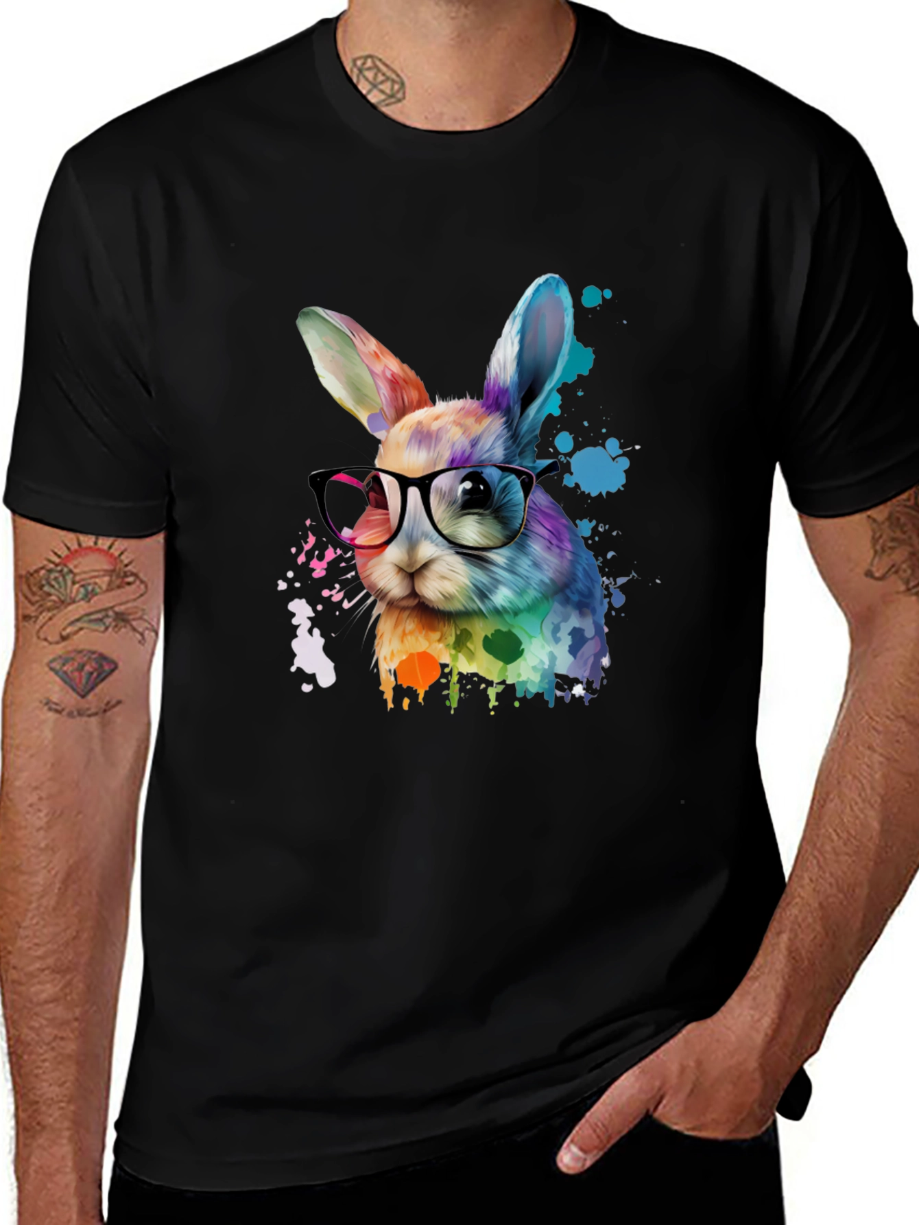 Rainbow Bunny T-Shirt with Glasses - Artistic Design