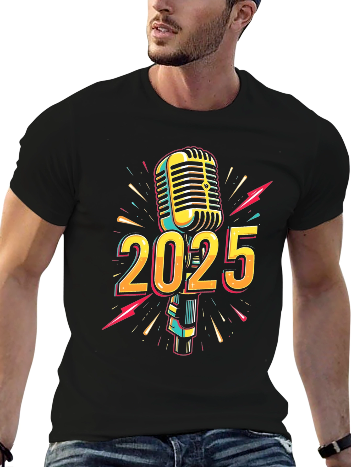 2025 Microphone Graphic Print Black T-Shirt