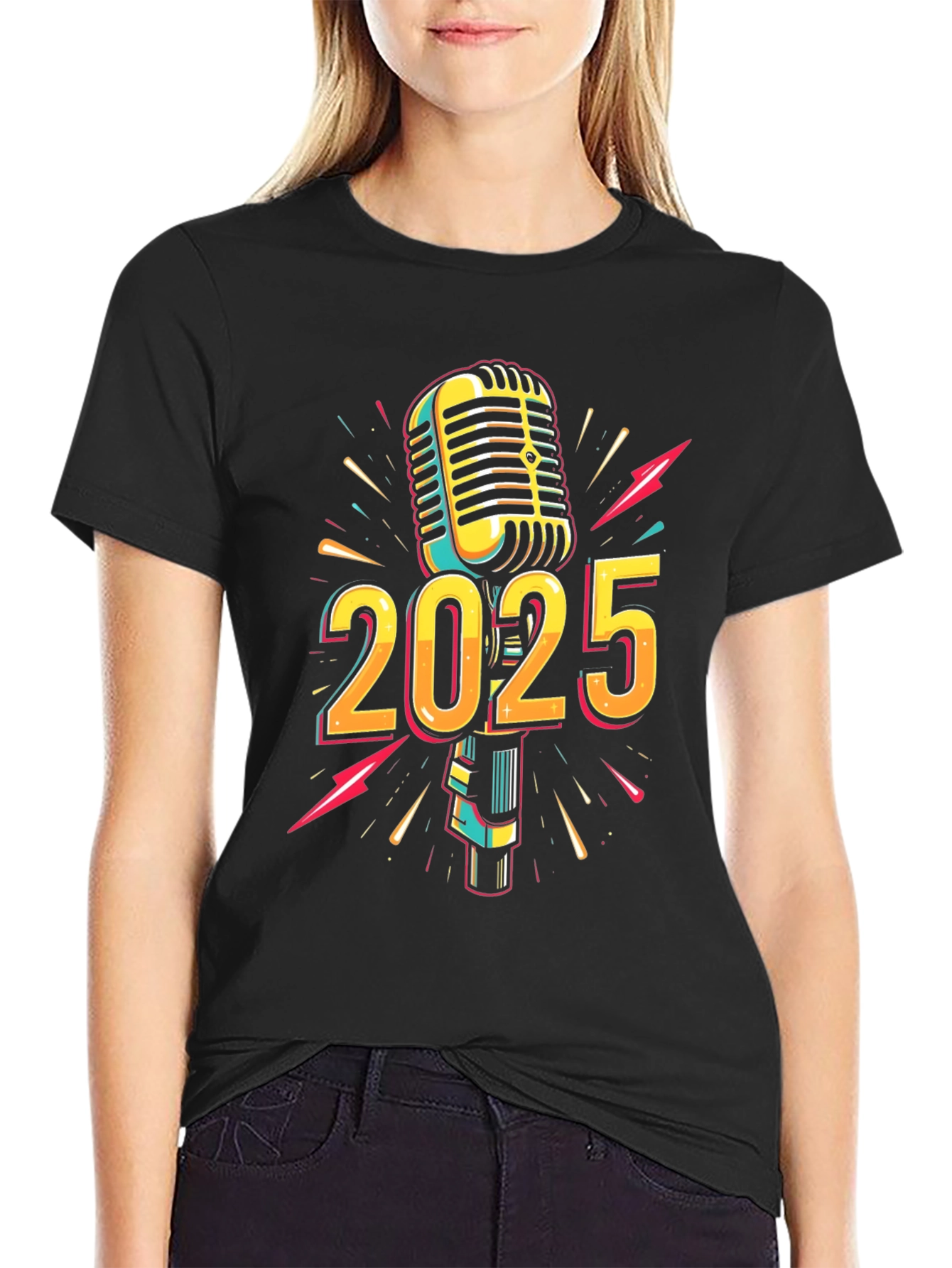 2025 Microphone Graphic Print Black T-Shirt