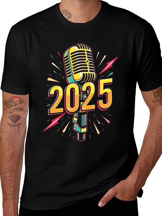2025 Microphone Graphic Print Black T-Shirt
