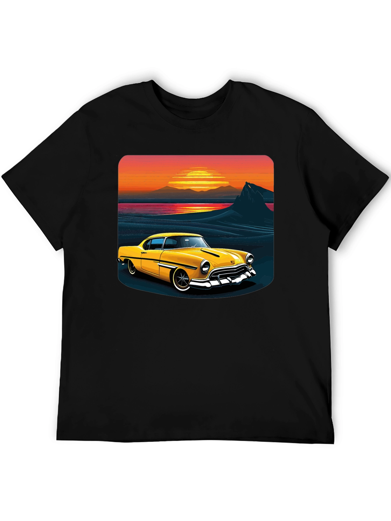 Retro Sunset Classic Car Graphic Tee - Black