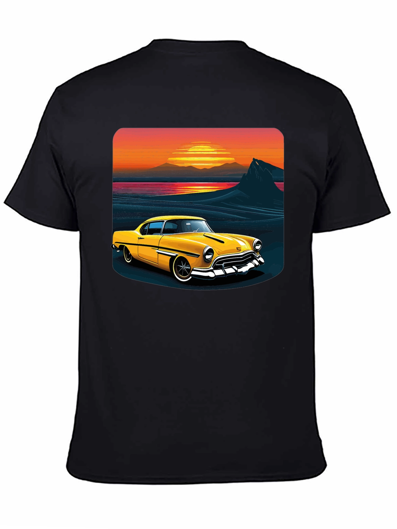 Retro Sunset Classic Car Graphic Tee - Black