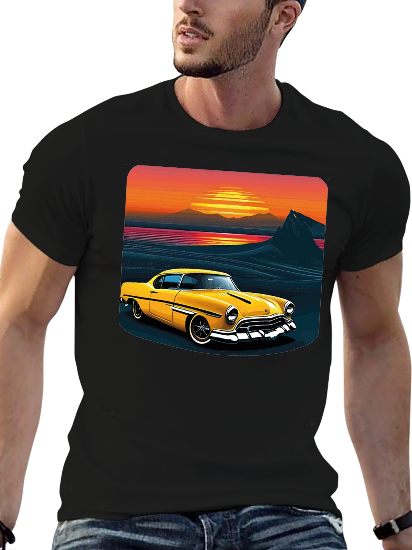 Retro Sunset Classic Car Graphic Tee - Black