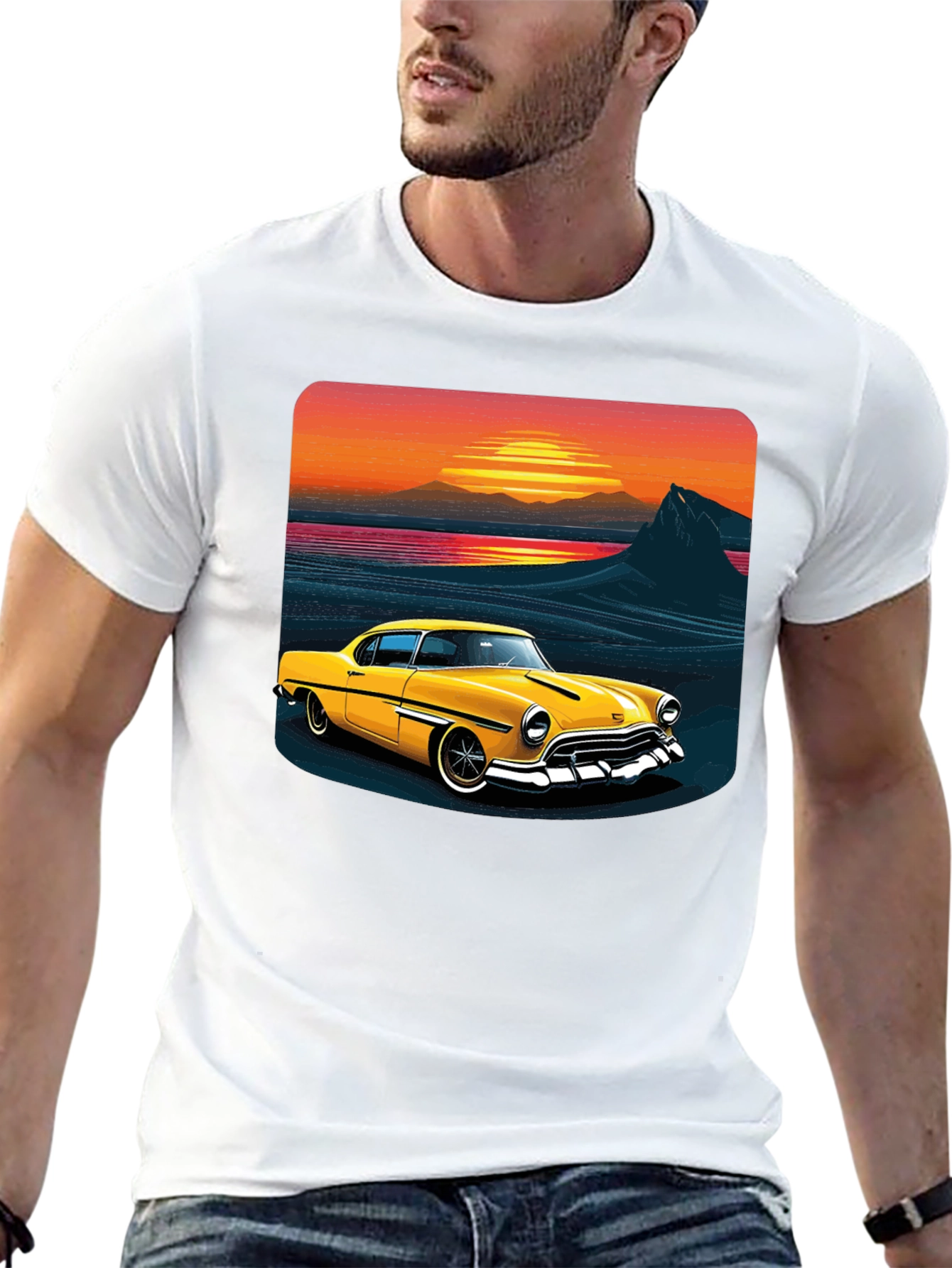 Retro Sunset Classic Car Graphic Tee - Black