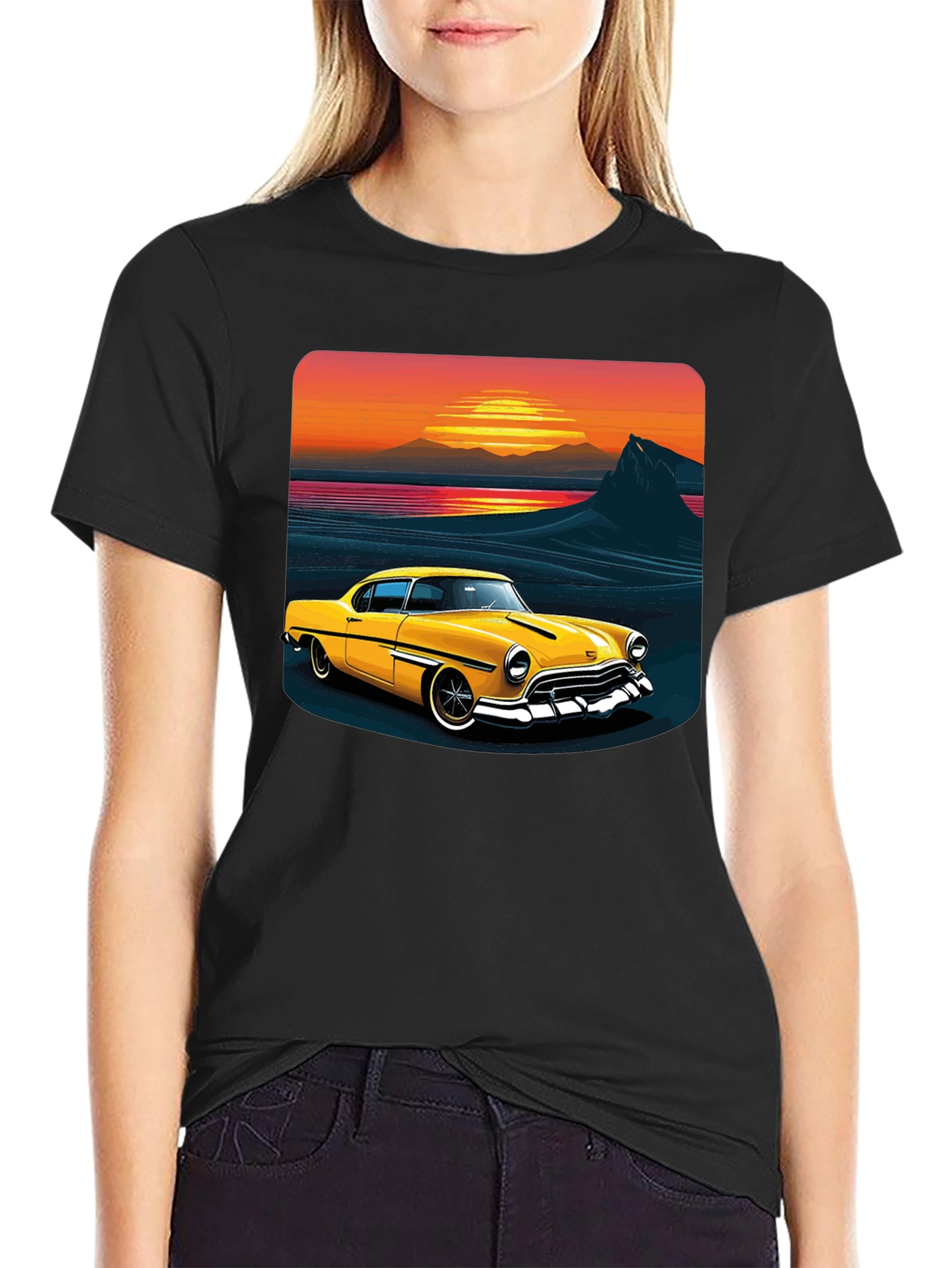 Retro Sunset Classic Car Graphic Tee - Black