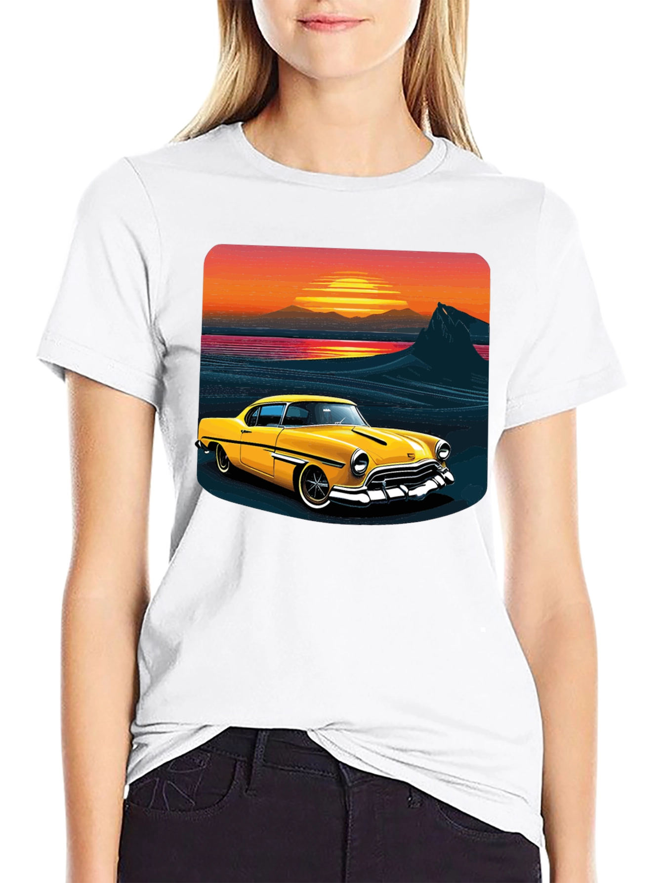 Retro Sunset Classic Car Graphic Tee - Black