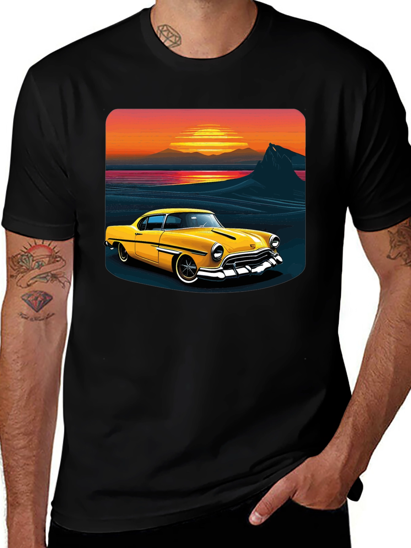 Retro Sunset Classic Car Graphic Tee - Black