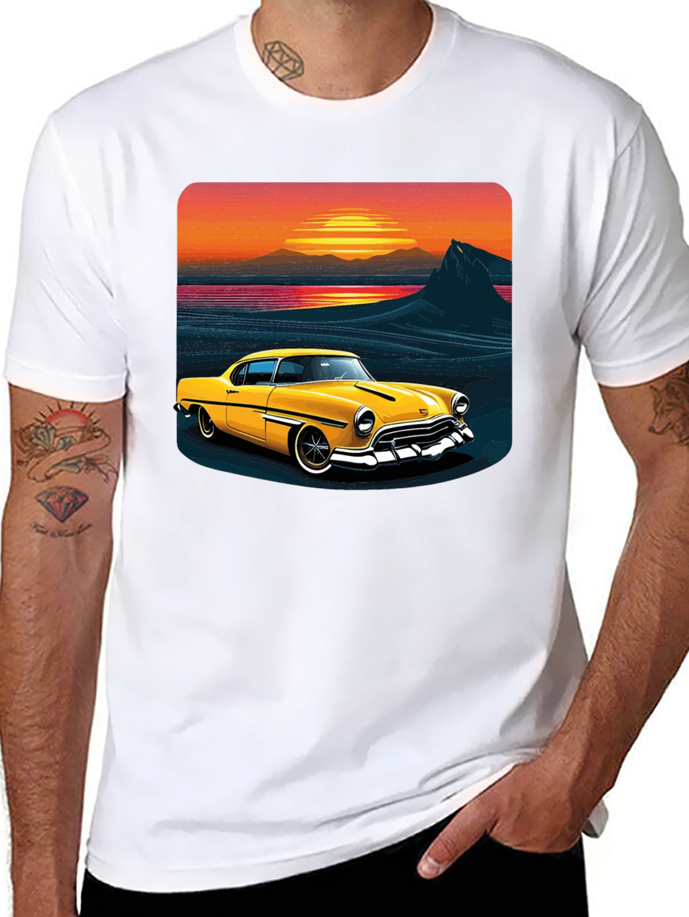 Retro Sunset Classic Car Graphic Tee - Black