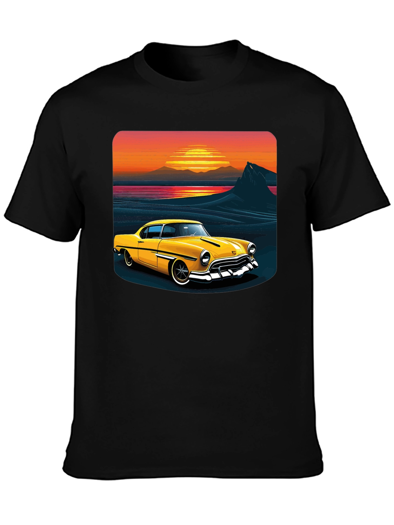 Retro Sunset Classic Car Graphic Tee - Black