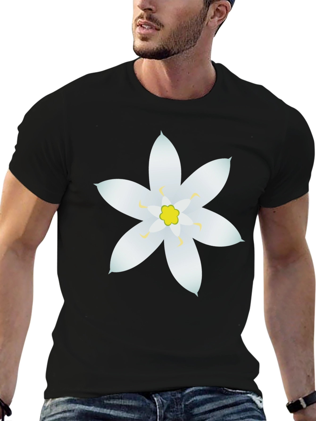 Black T-Shirt with White Flower Design