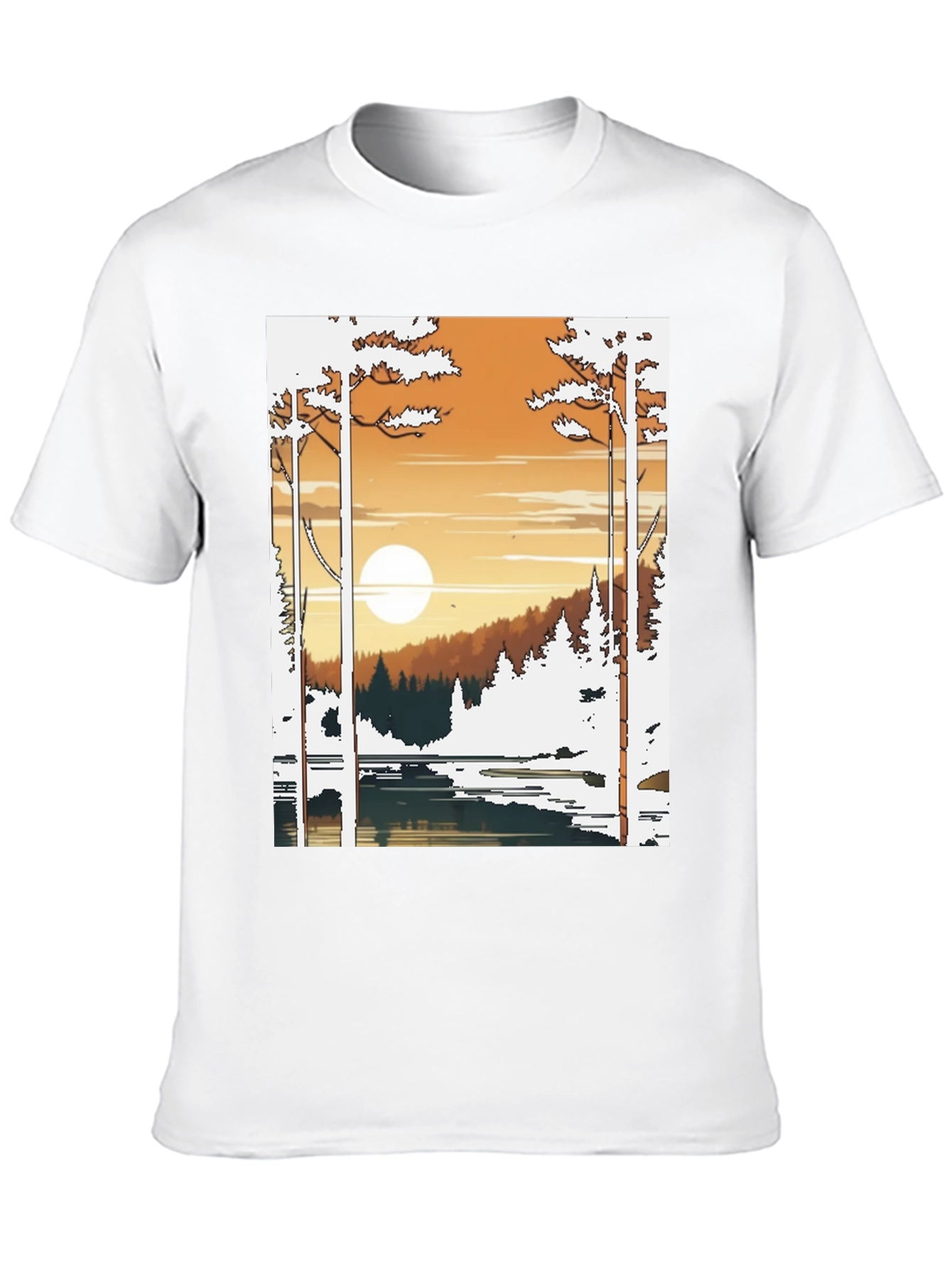 Nature Scene Graphic Tee - Lake and Sunset Design