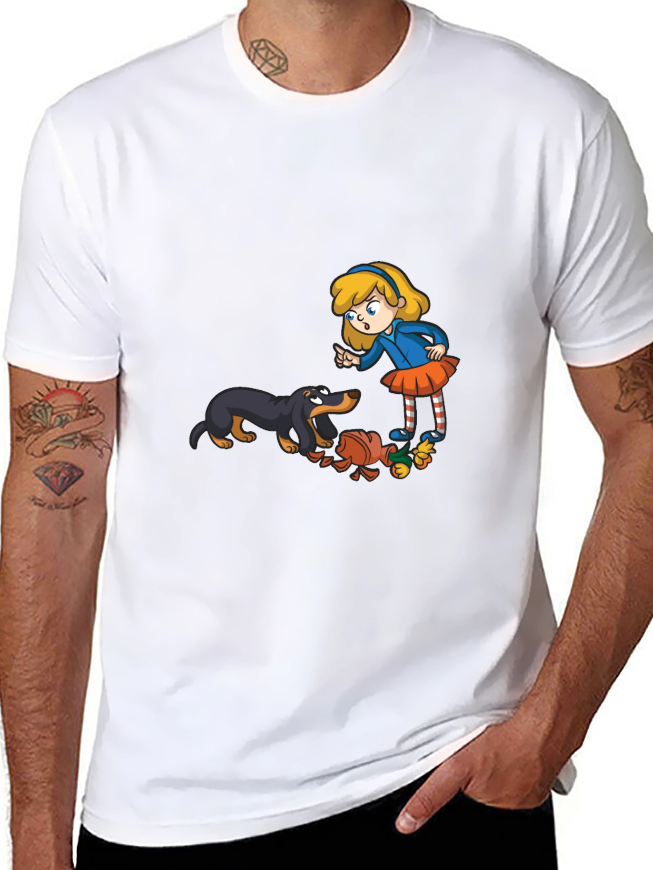 Cartoon Girl & Dog Graphic Black T-Shirt