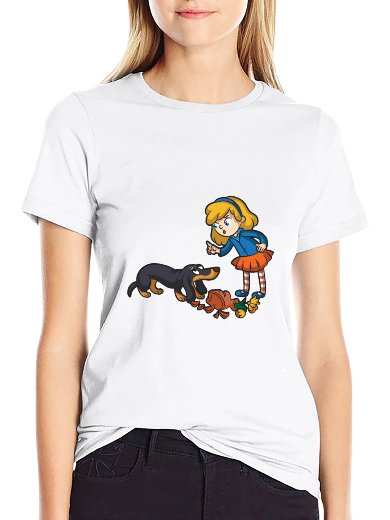 Cartoon Girl & Dog Graphic Black T-Shirt