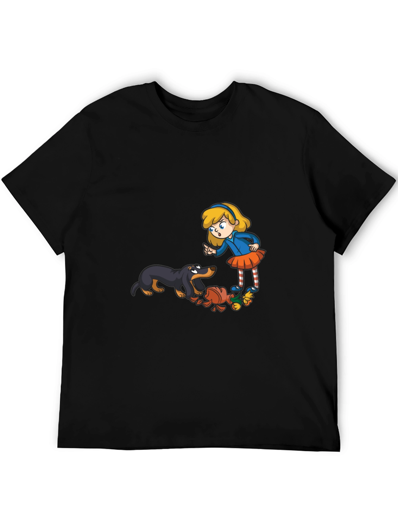 Cartoon Girl & Dog Graphic Black T-Shirt
