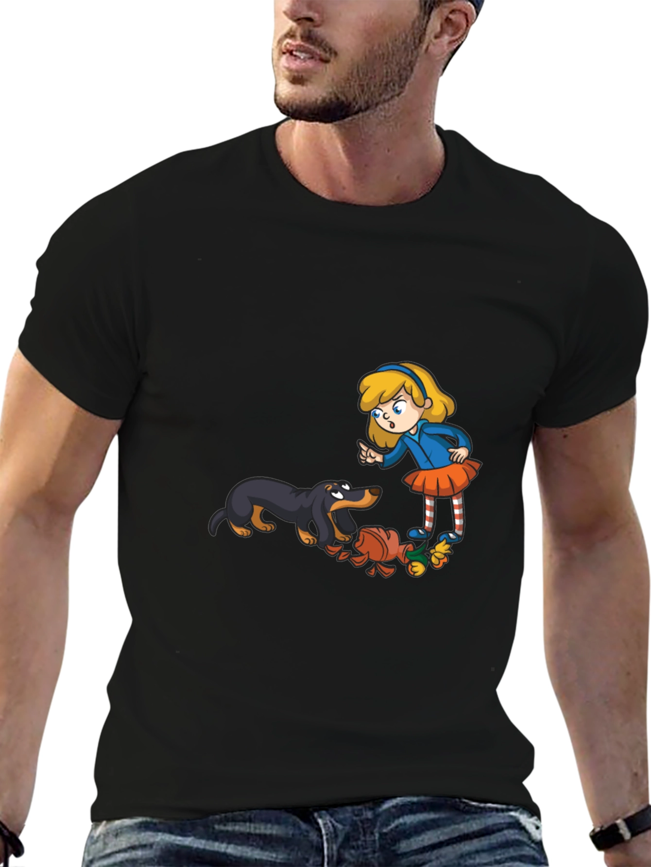 Cartoon Girl & Dog Graphic Black T-Shirt