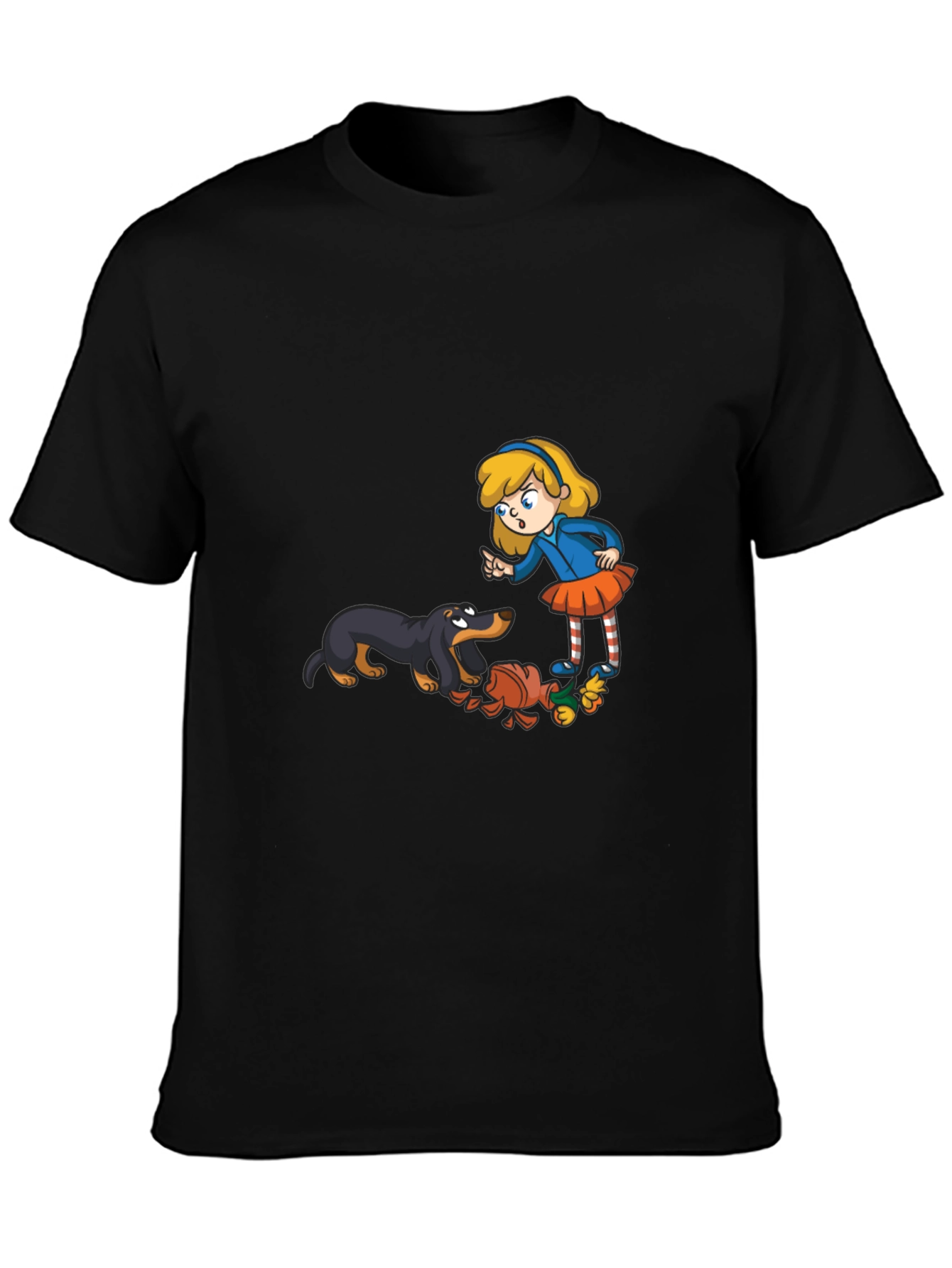 Cartoon Girl & Dog Graphic Black T-Shirt