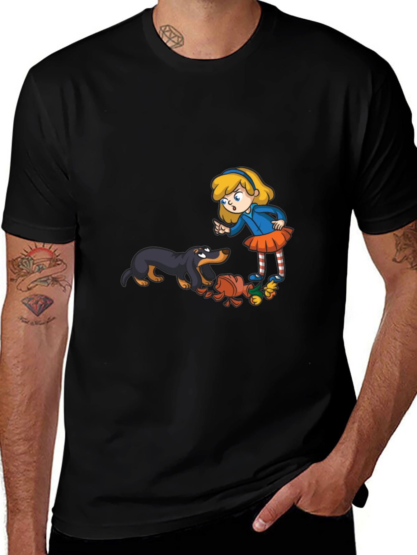 Cartoon Girl & Dog Graphic Black T-Shirt