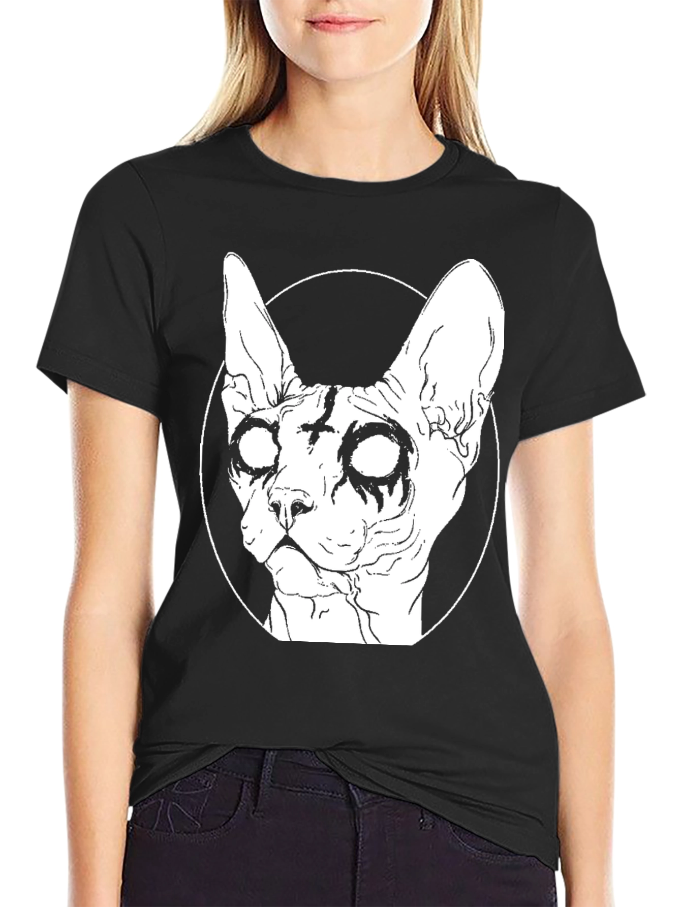 Gothic Cat Graphic T-Shirt - Black Cotton Tee