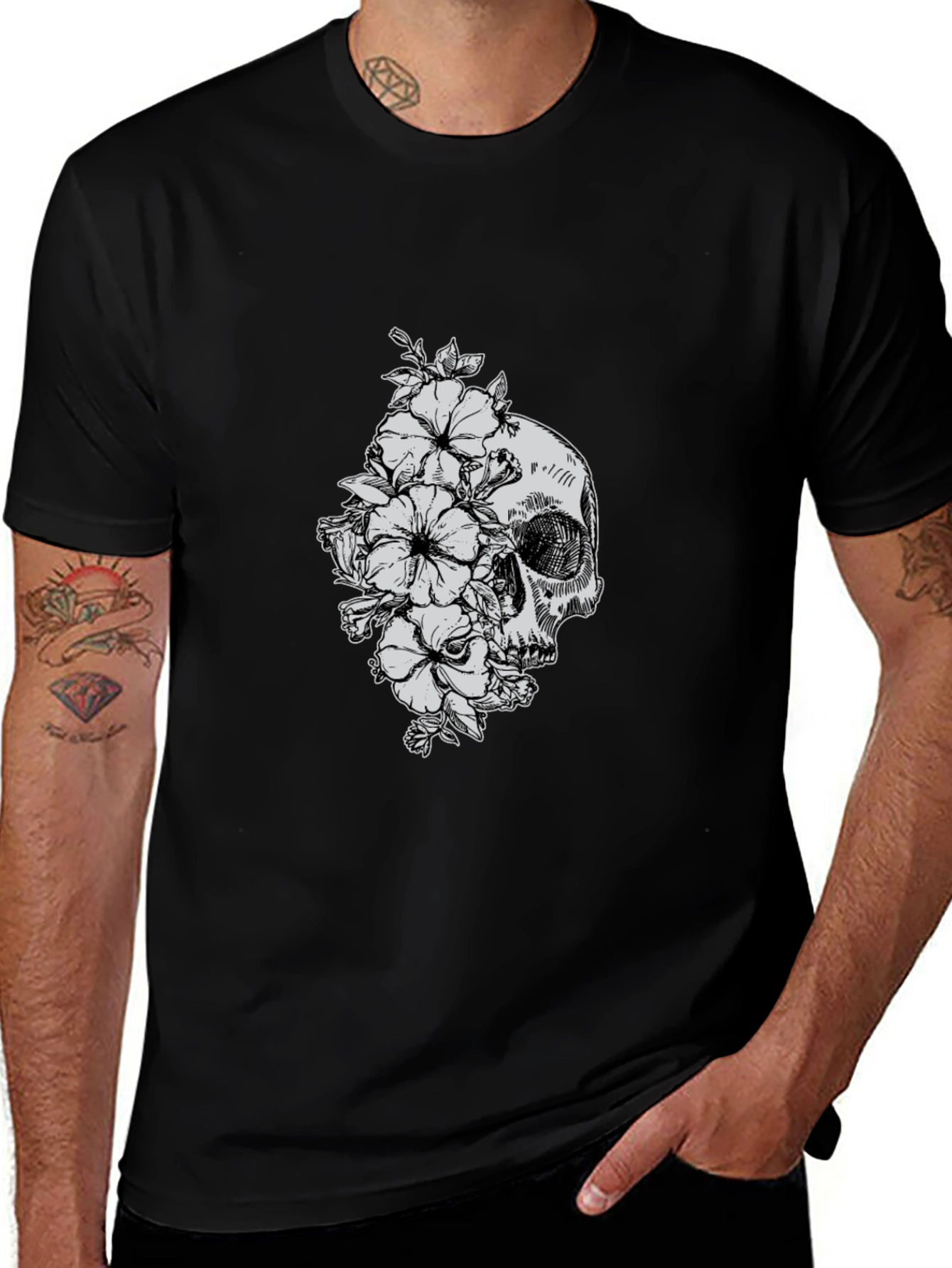 Skull and Flowers Graphic T-Shirt