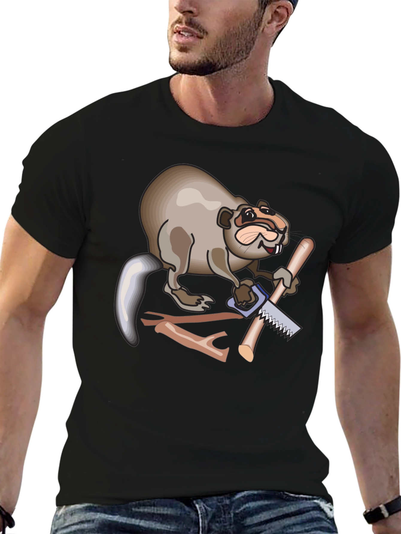 Funny Beaver Sawing Wood Mens Black T-Shirt