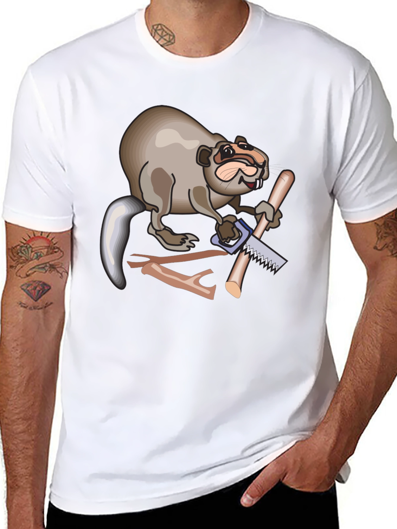 Funny Beaver Sawing Wood Mens Black T-Shirt