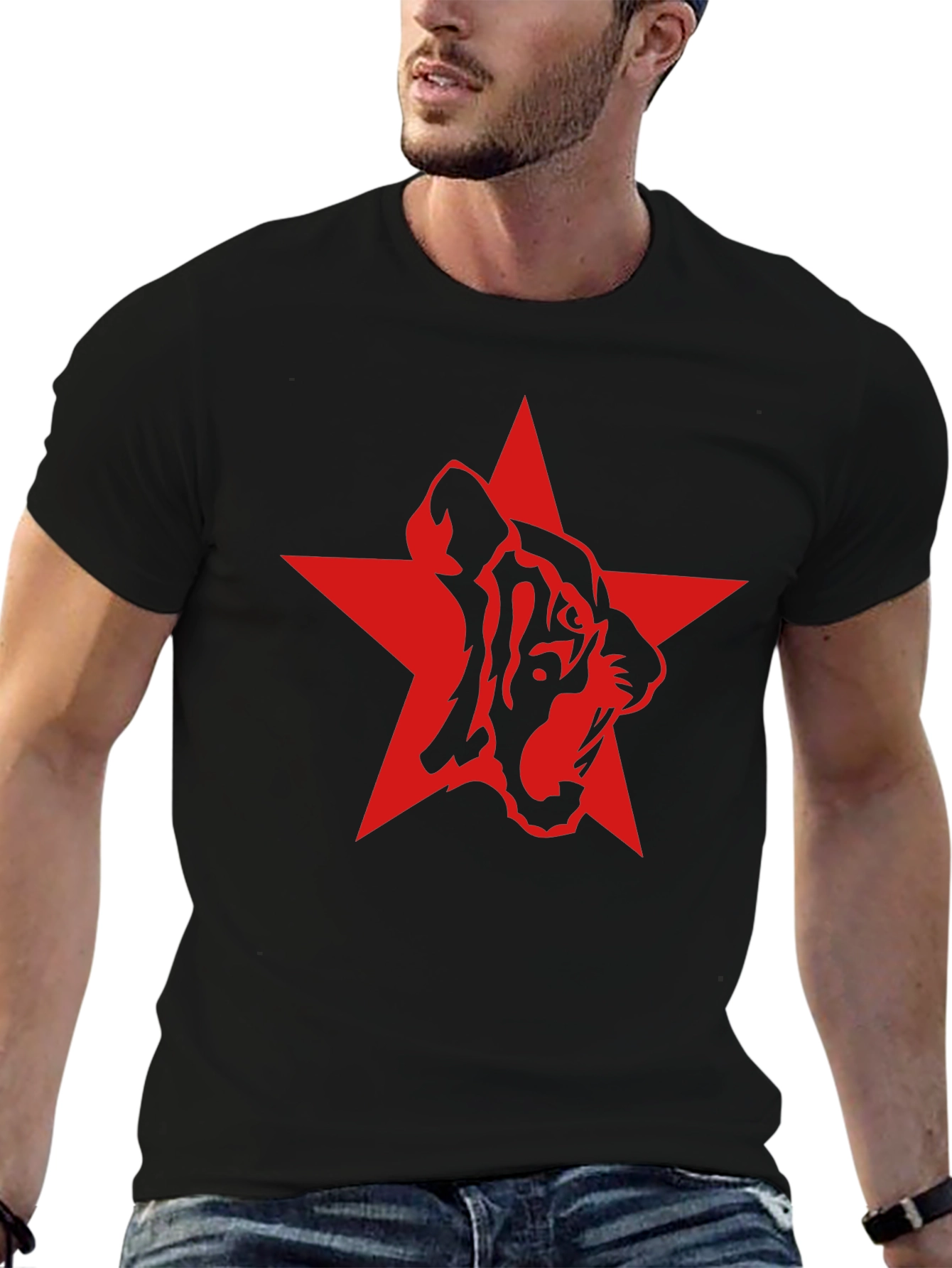 Red Star Tiger Graphic Black T-Shirt