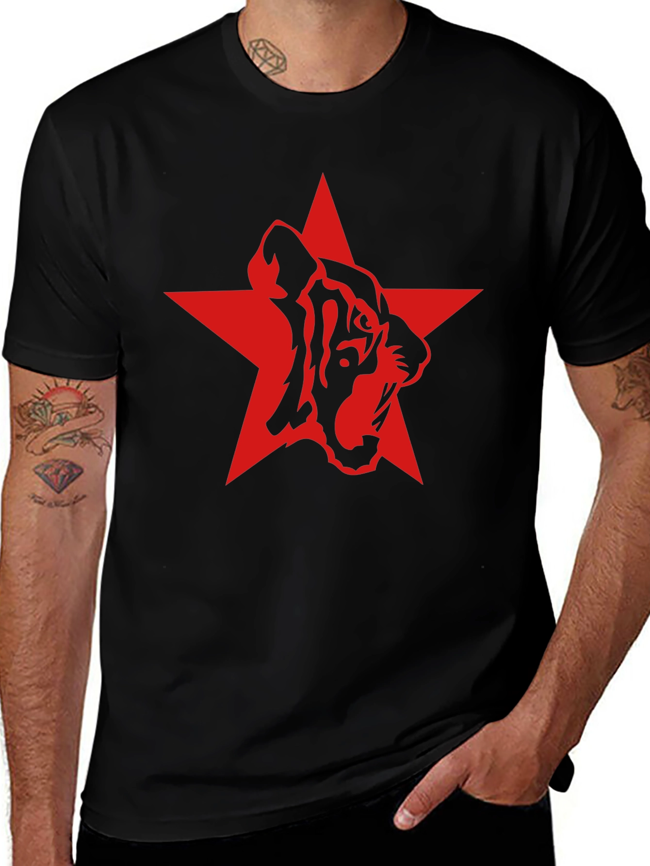 Red Star Tiger Graphic Black T-Shirt