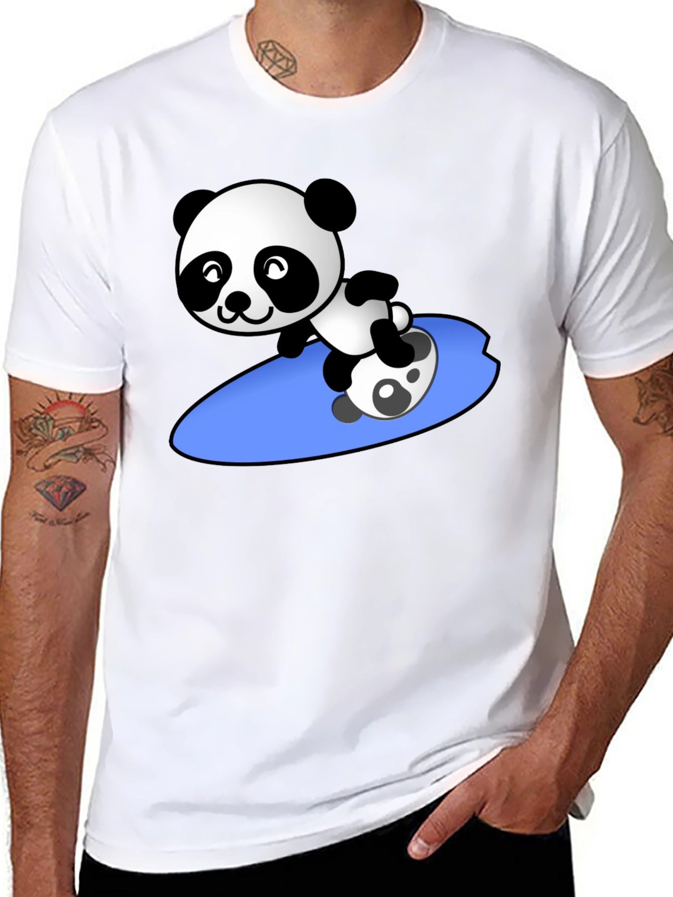 Surfing Panda Graphic Tee - Black Crew Neck