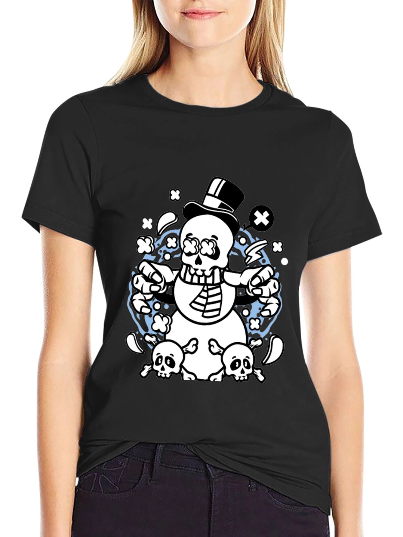 Skull Snowman Graphic T-Shirt - Black