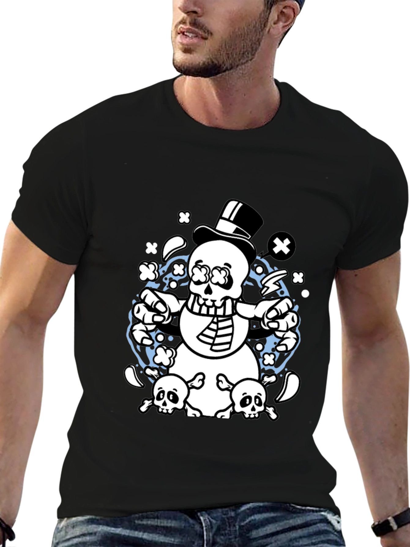 Skull Snowman Graphic T-Shirt - Black