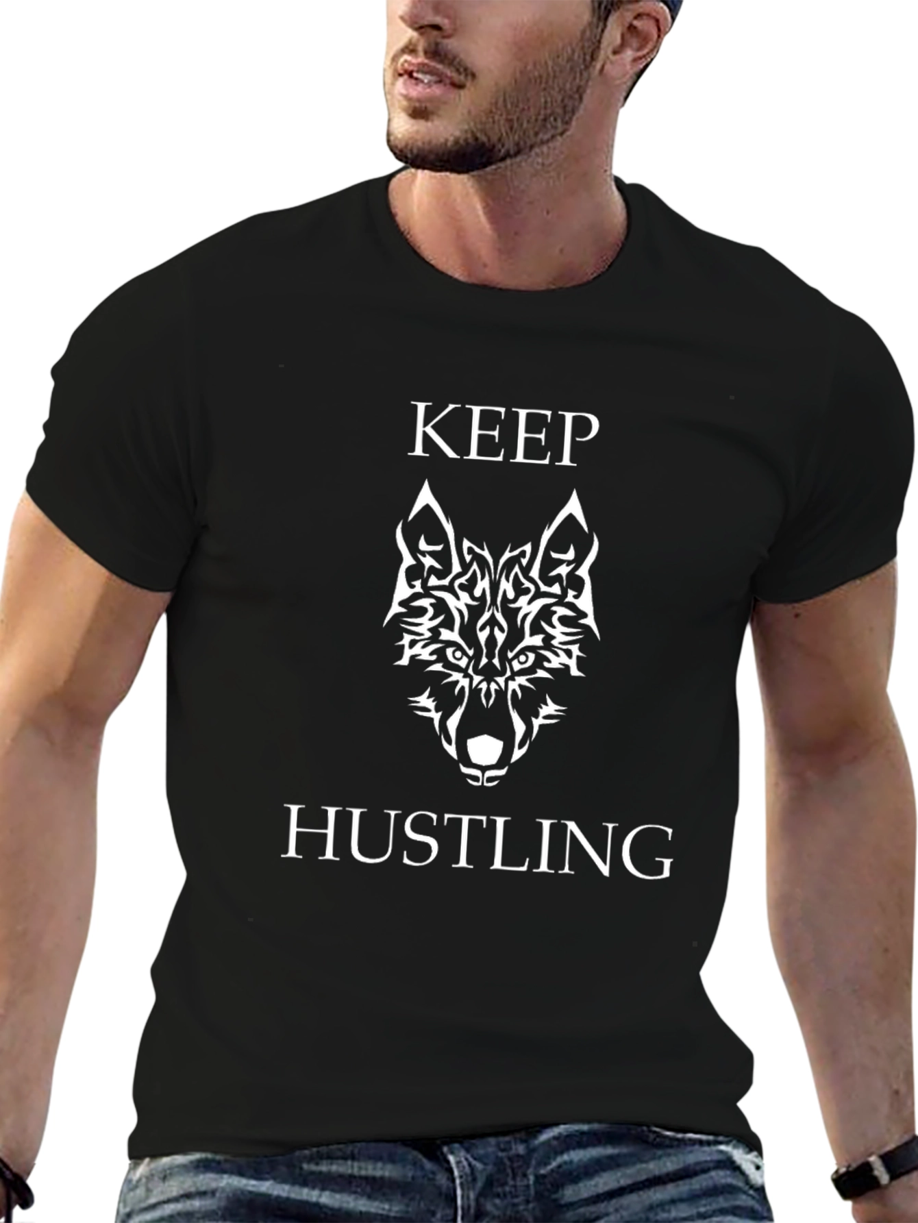 Keep Hustling Wolf Graphic Tee - Black Cotton T-Shirt