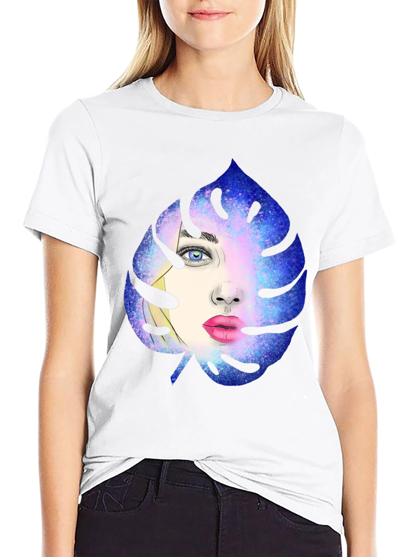 Galaxy Face Leaf Graphic Black T-Shirt