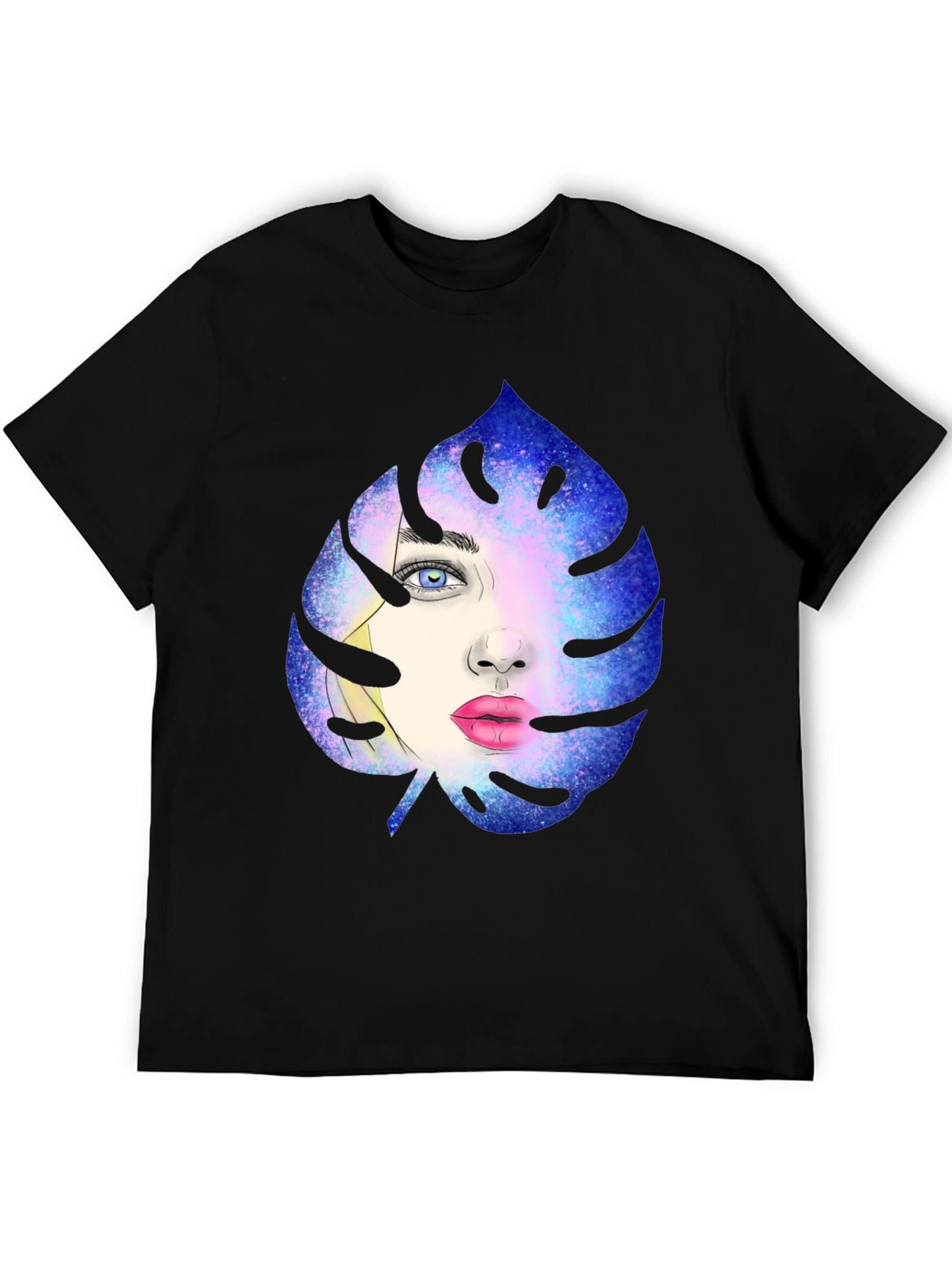 Galaxy Face Leaf Graphic Black T-Shirt