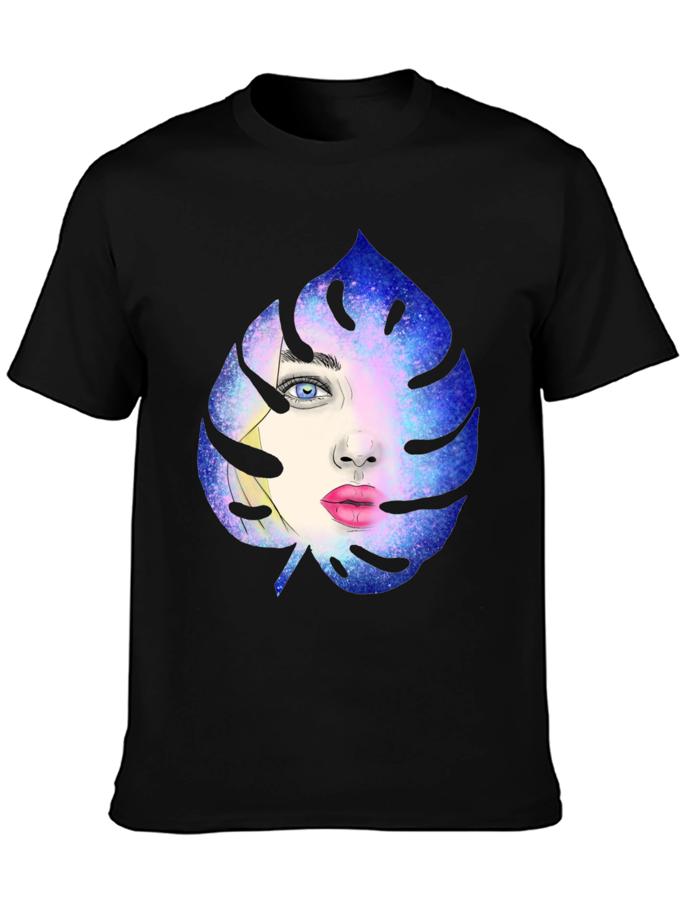 Galaxy Face Leaf Graphic Black T-Shirt