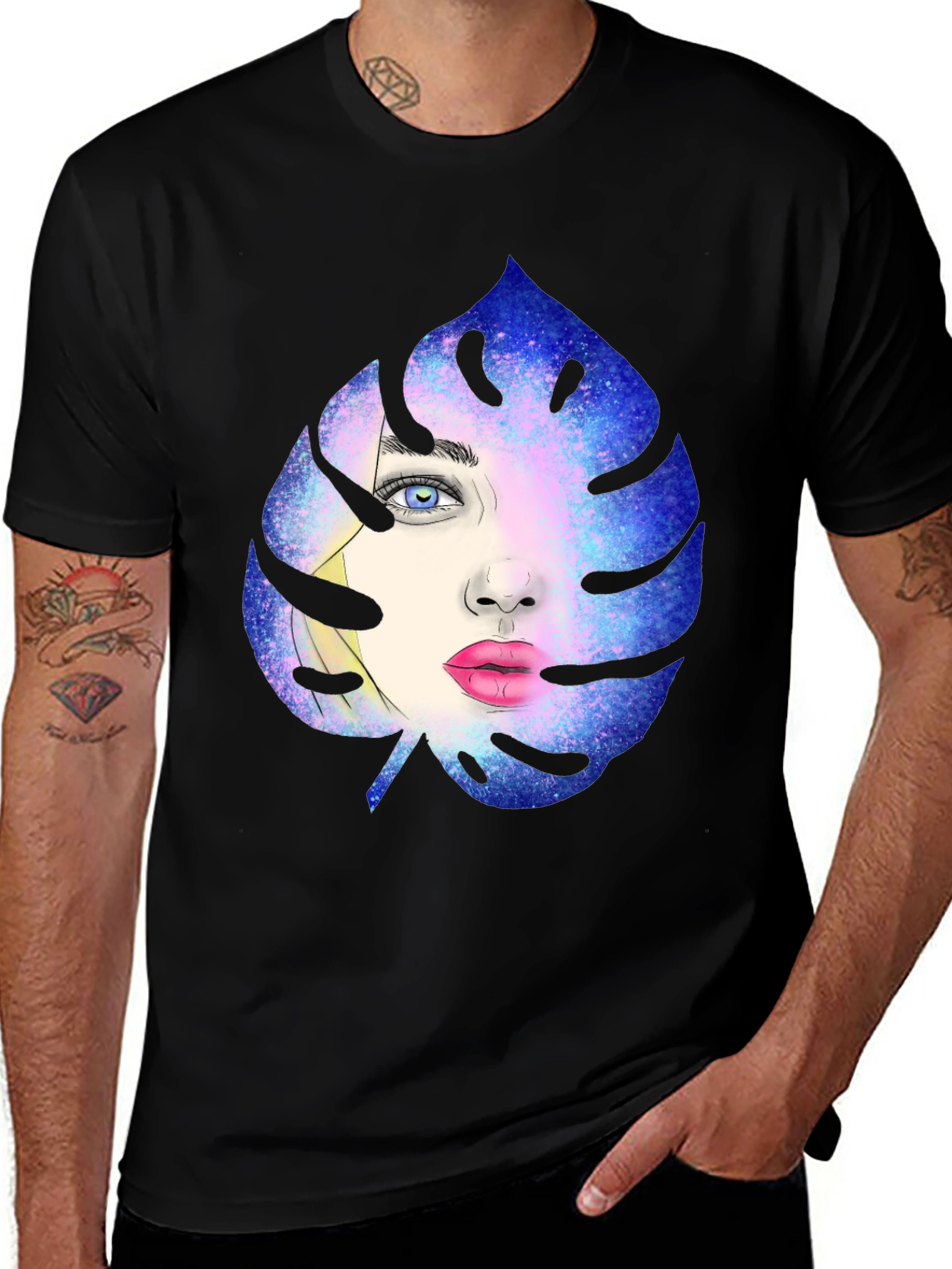 Galaxy Face Leaf Graphic Black T-Shirt