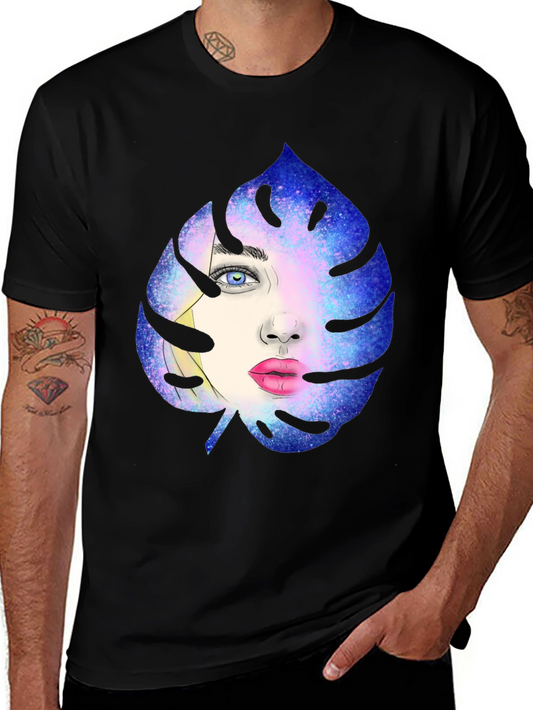Galaxy Face Leaf Graphic Black T-Shirt