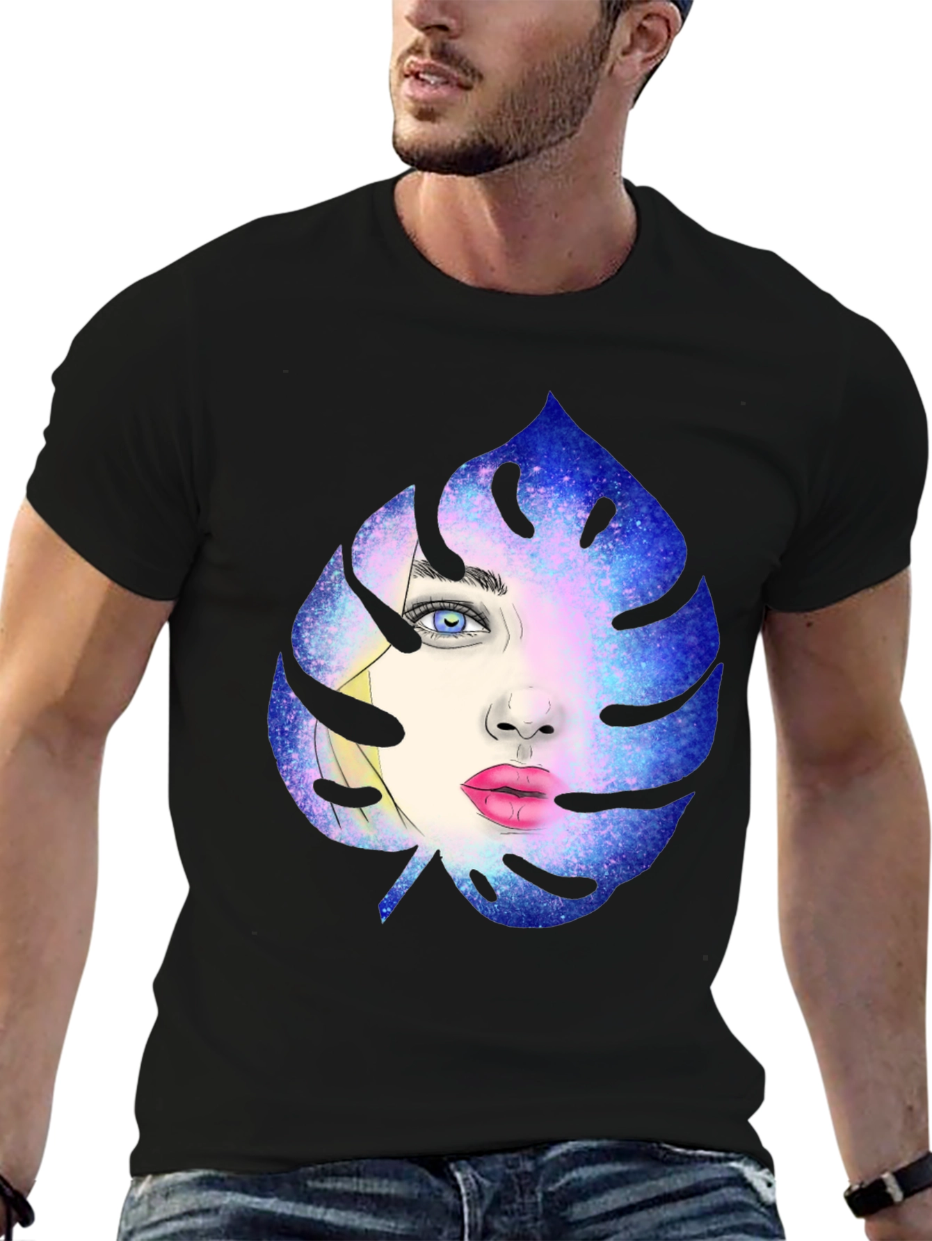 Galaxy Face Leaf Graphic Black T-Shirt