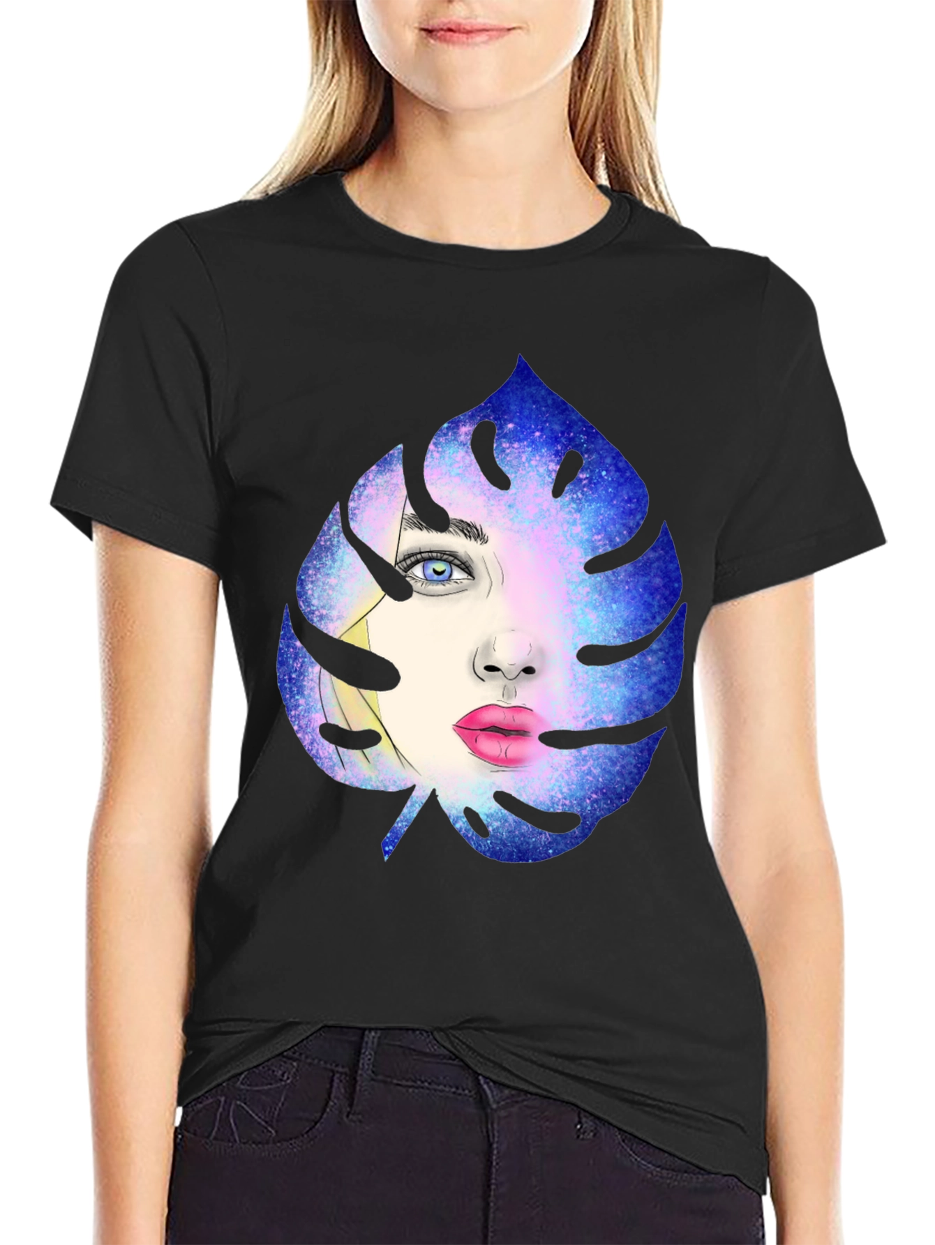 Galaxy Face Leaf Graphic Black T-Shirt