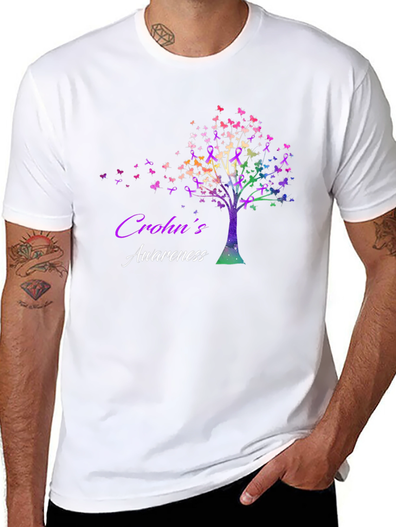 Crohns Awareness Tree T-Shirt - Butterfly Ribbon Design