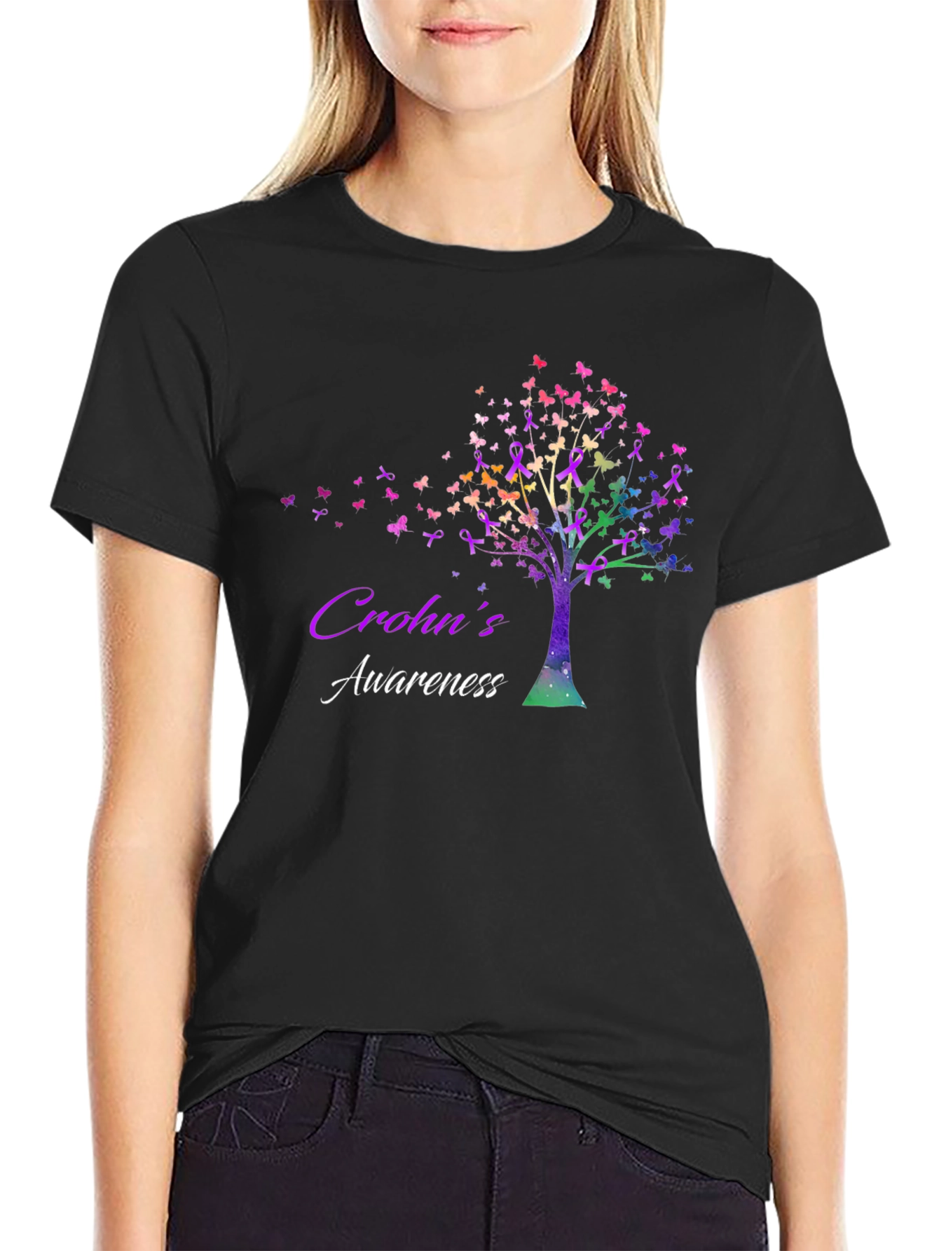 Crohns Awareness Tree T-Shirt - Butterfly Ribbon Design