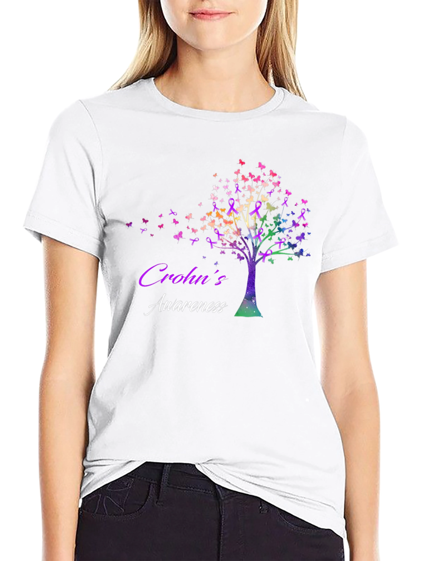 Crohns Awareness Tree T-Shirt - Butterfly Ribbon Design