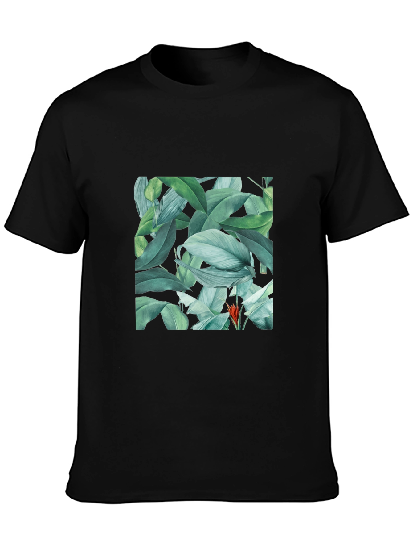 Tropical Leaves Print Black T-Shirt