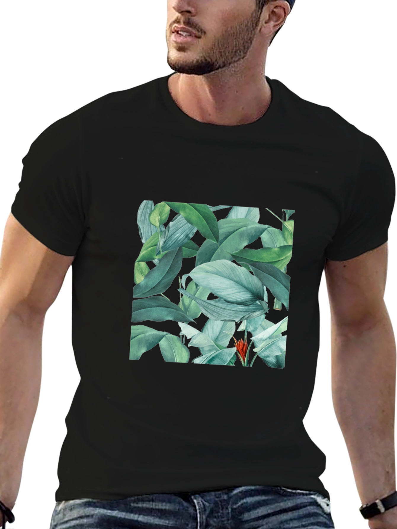 Tropical Leaves Print Black T-Shirt