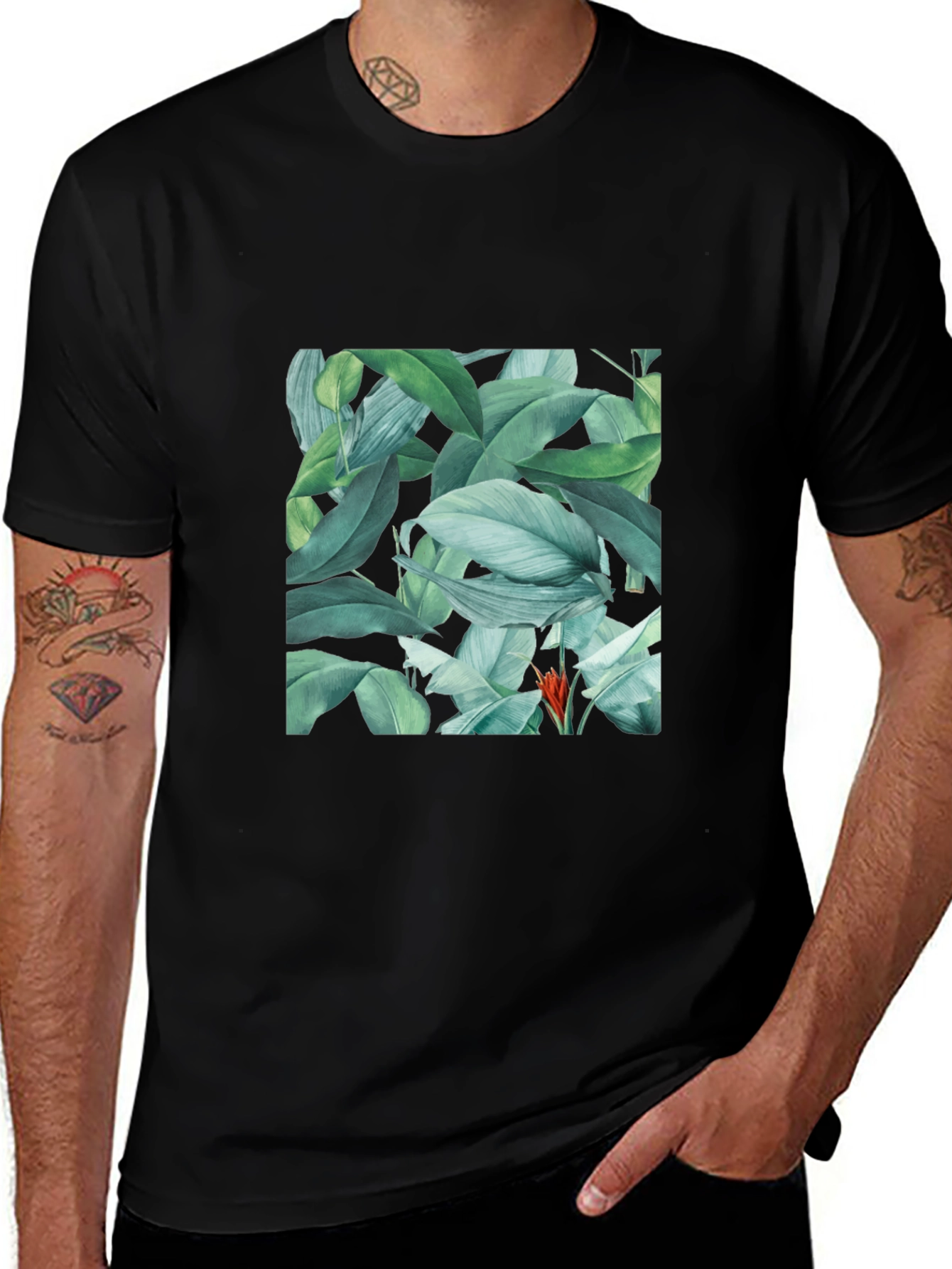 Tropical Leaves Print Black T-Shirt