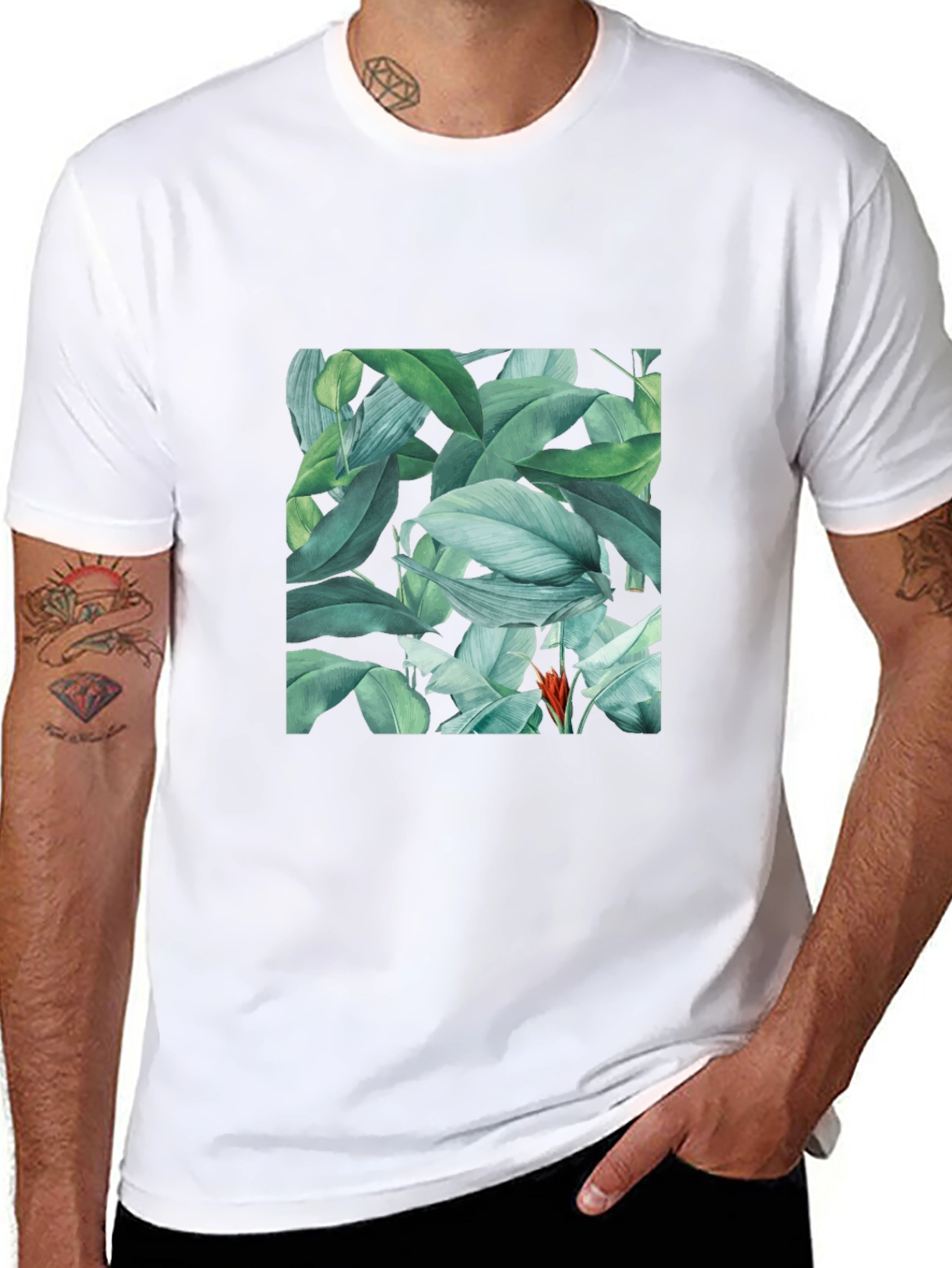 Tropical Leaves Print Black T-Shirt