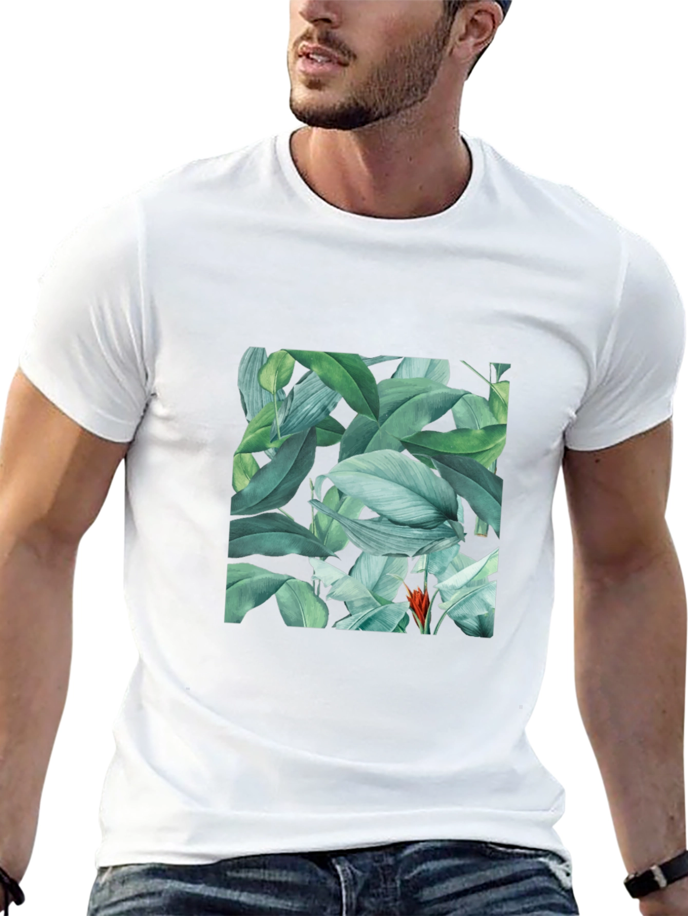 Tropical Leaves Print Black T-Shirt