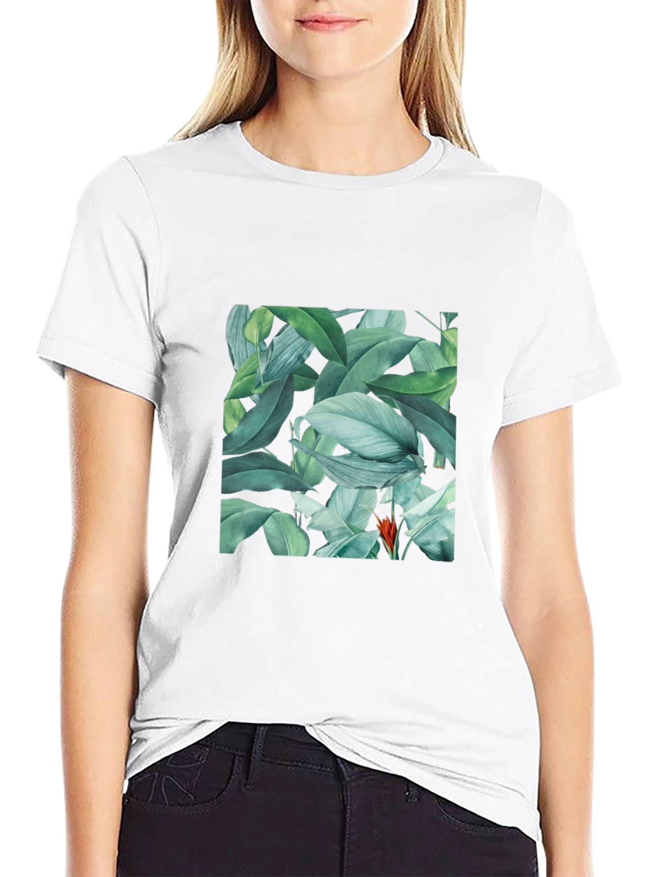 Tropical Leaves Print Black T-Shirt