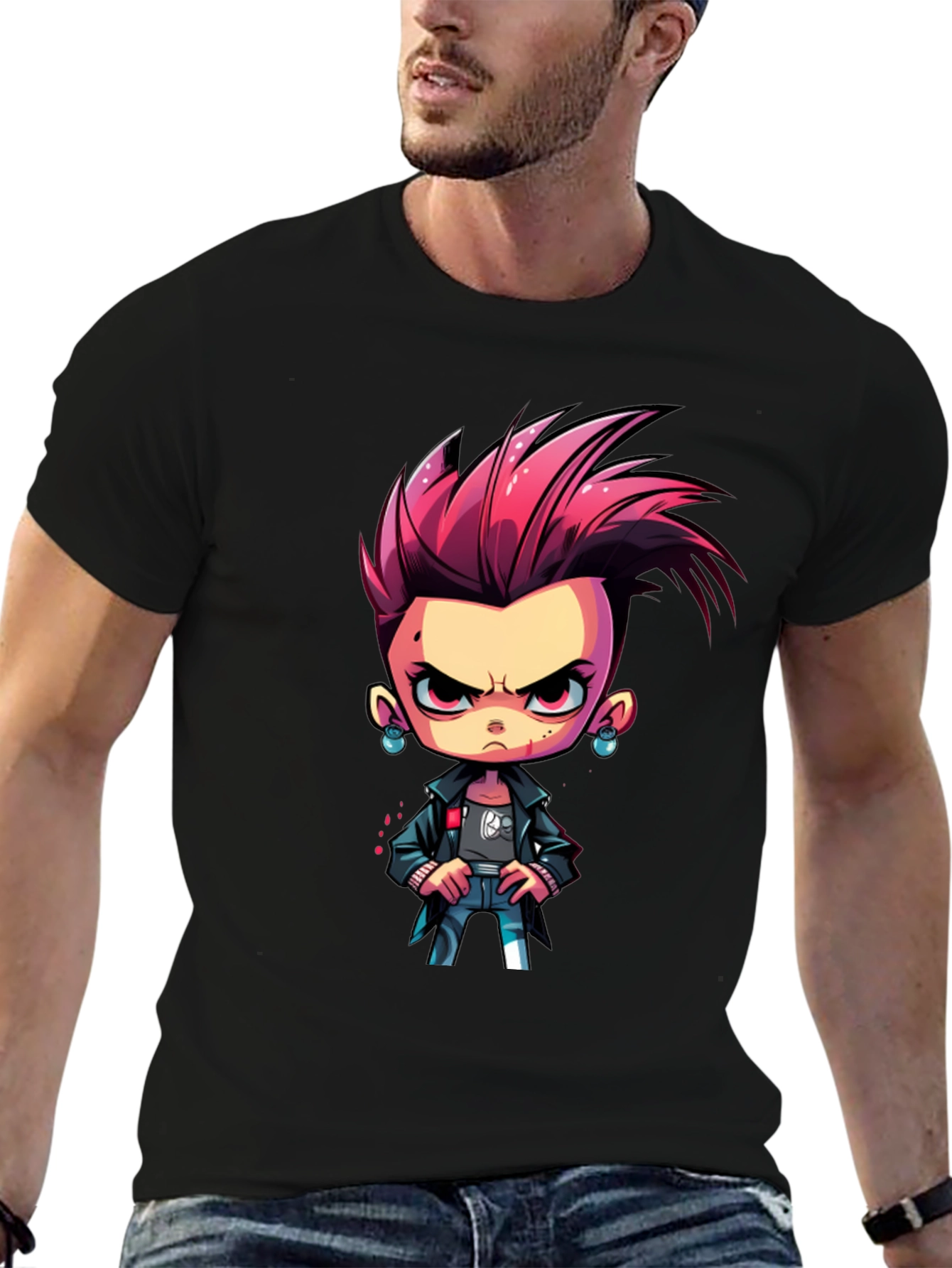 Edgy Cartoon Character on Black T-Shirt