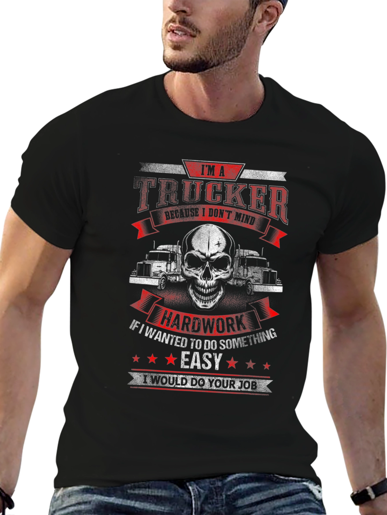 Trucker T-Shirt: Hard Work Skull Design
